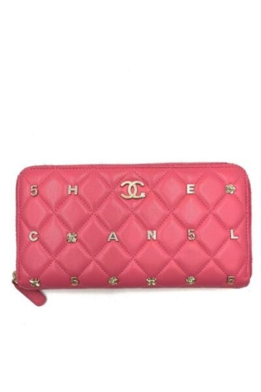 Chanel Pink Lambskin Rhinestone Quilted Long Wallet Lucky Charm Camellia